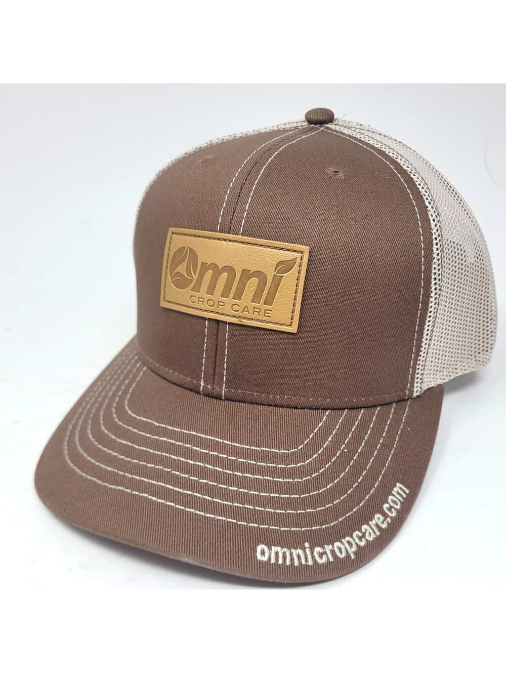 Omni Crop Care Trucker Hat Leather Patch Brown Tan Mesh Agriculture Farm